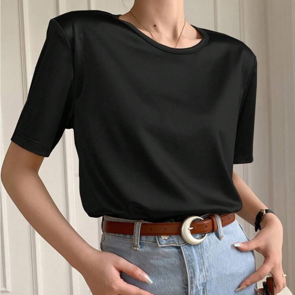 White Satin Round Neck stretchy Tee shirt - Picture 7 of 8